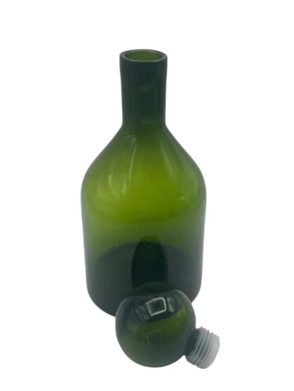 Vintage MCM Large Bottle Green Glass Bubble Decanter 11” w/ Ball Stopper Italy